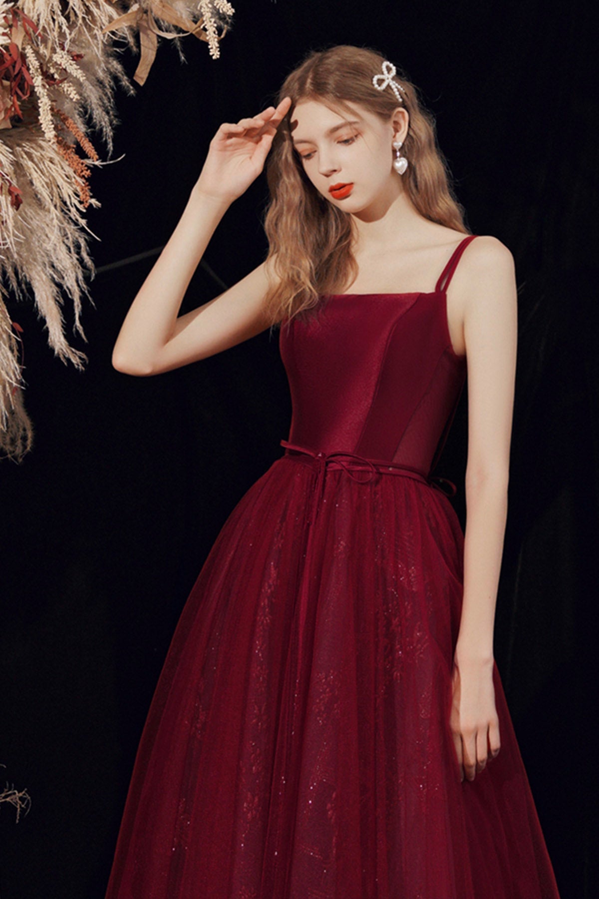 Spaghetti Straps Tulle Long Prom Dress, Burgundy Evening Party Dress