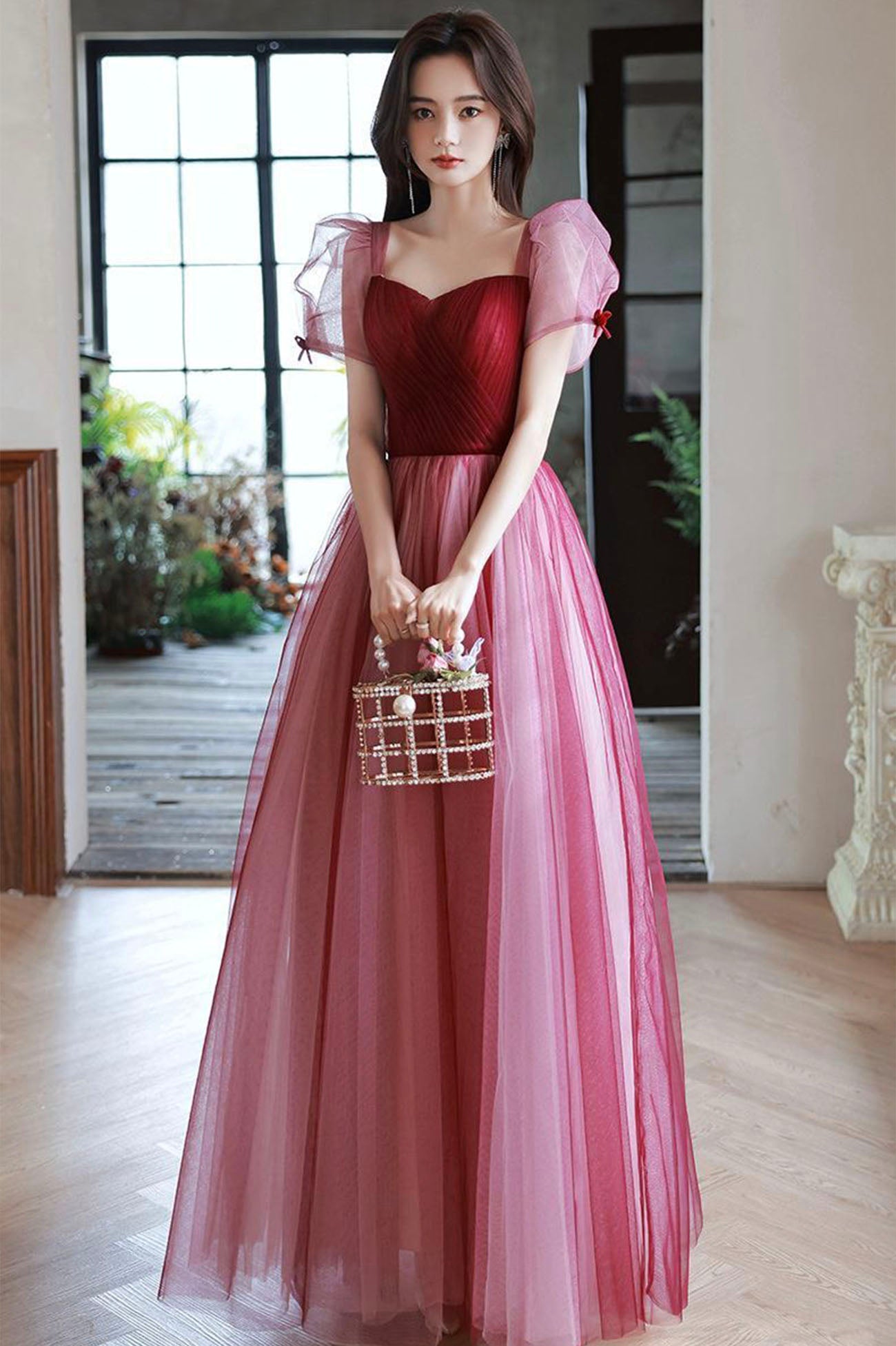 Burgundy Tulle Long Prom Dress, A-Line Short Sleeve Formal Evening Dress