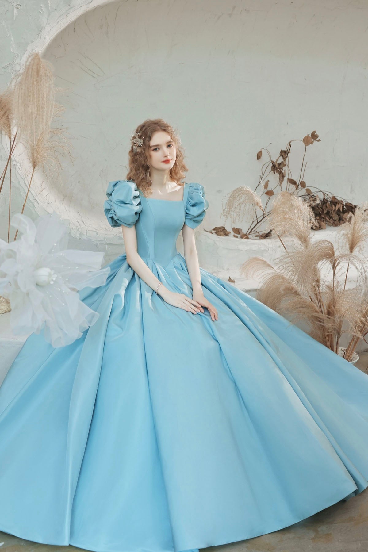 Blue Satin Long Ball Gown Dress Formal Dress