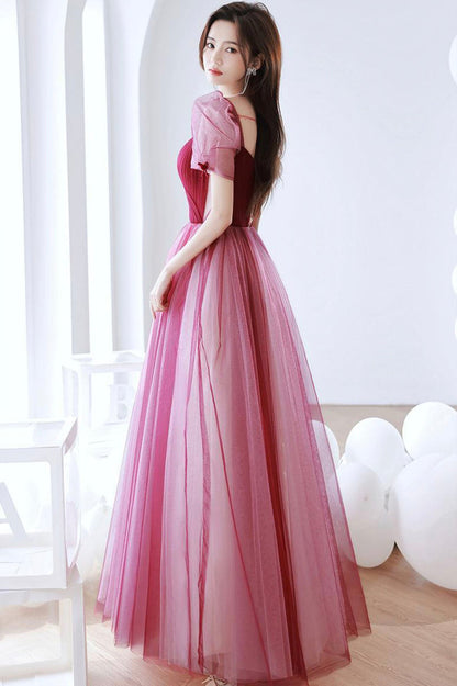 Burgundy Tulle Long Prom Dress, A-Line Short Sleeve Formal Evening Dress