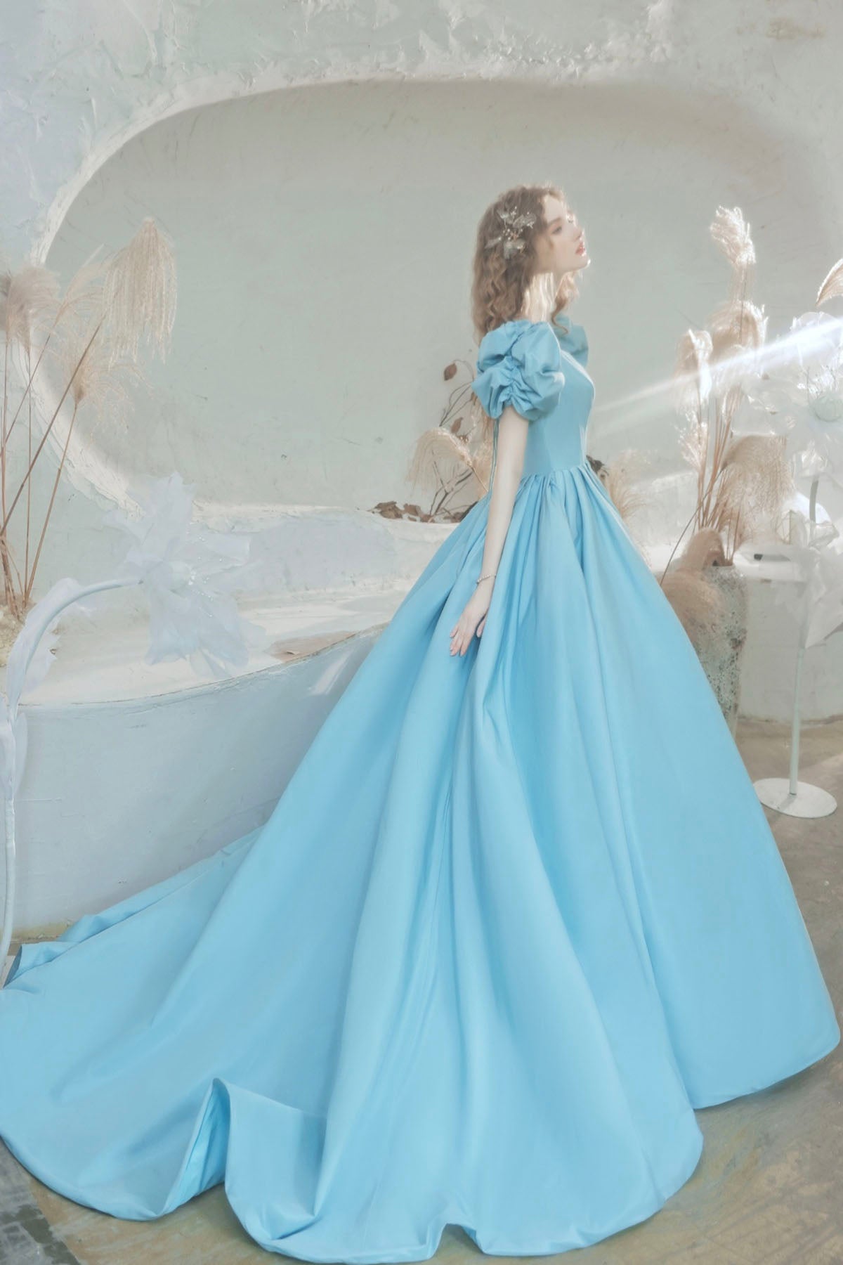Blue Satin Long Ball Gown Dress Formal Dress