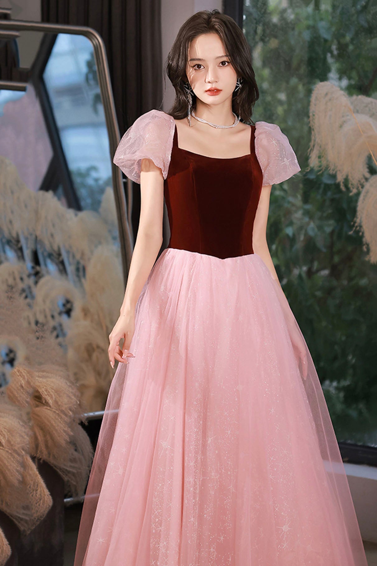 Pink Tulle and Velvet Short Sleeves Party Dress, Pink Floor Length Formal Dress