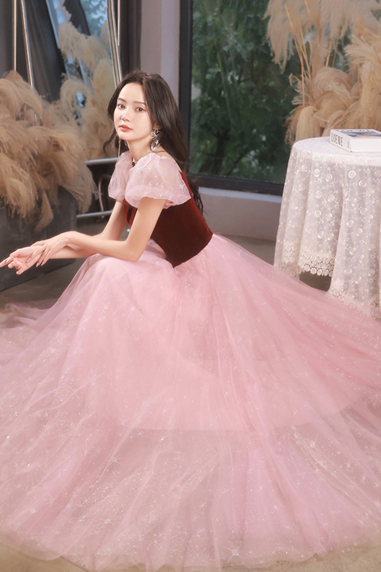 Pink Tulle and Velvet Short Sleeves Party Dress, Pink Floor Length Formal Dress