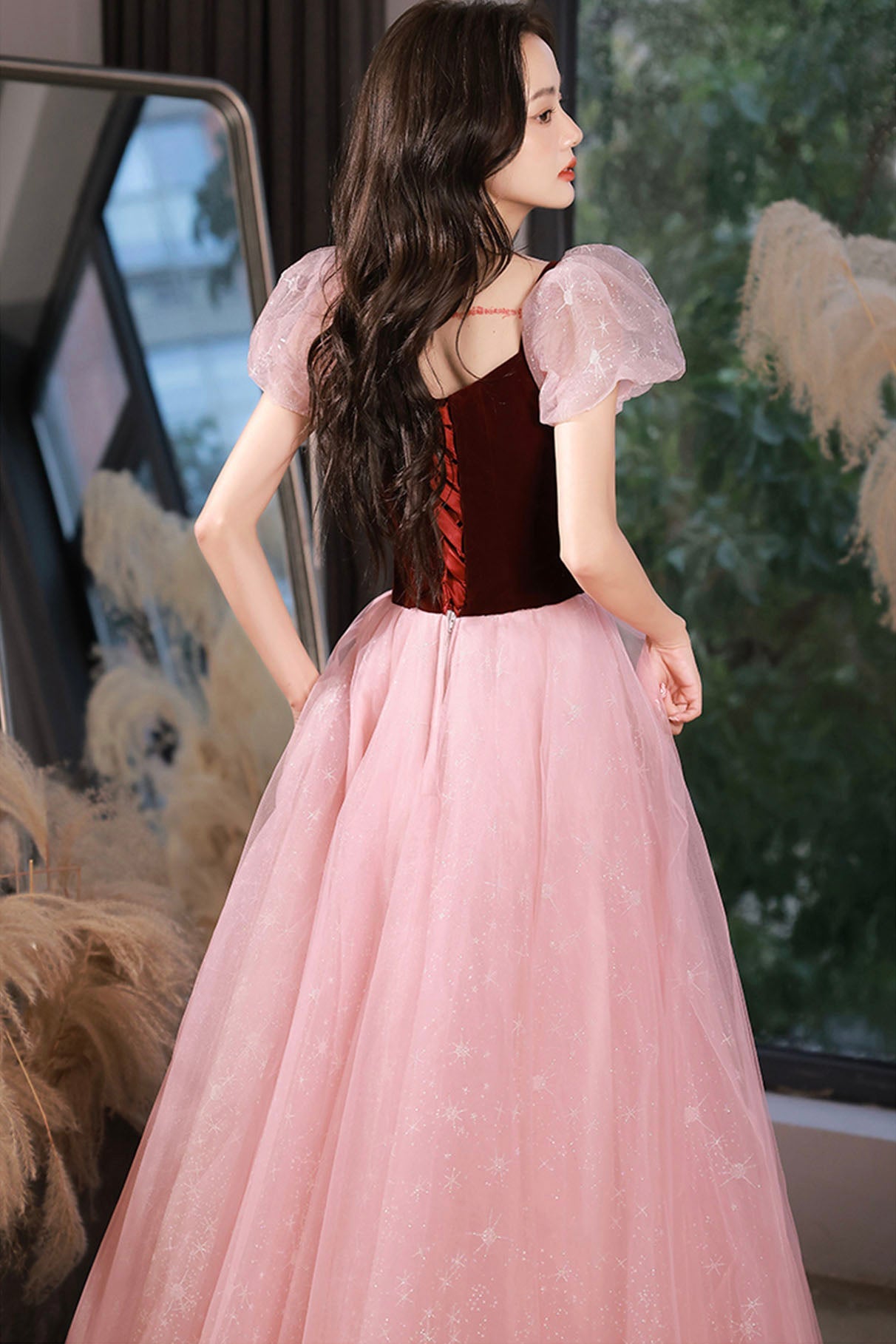 Pink Tulle and Velvet Short Sleeves Party Dress, Pink Floor Length Formal Dress