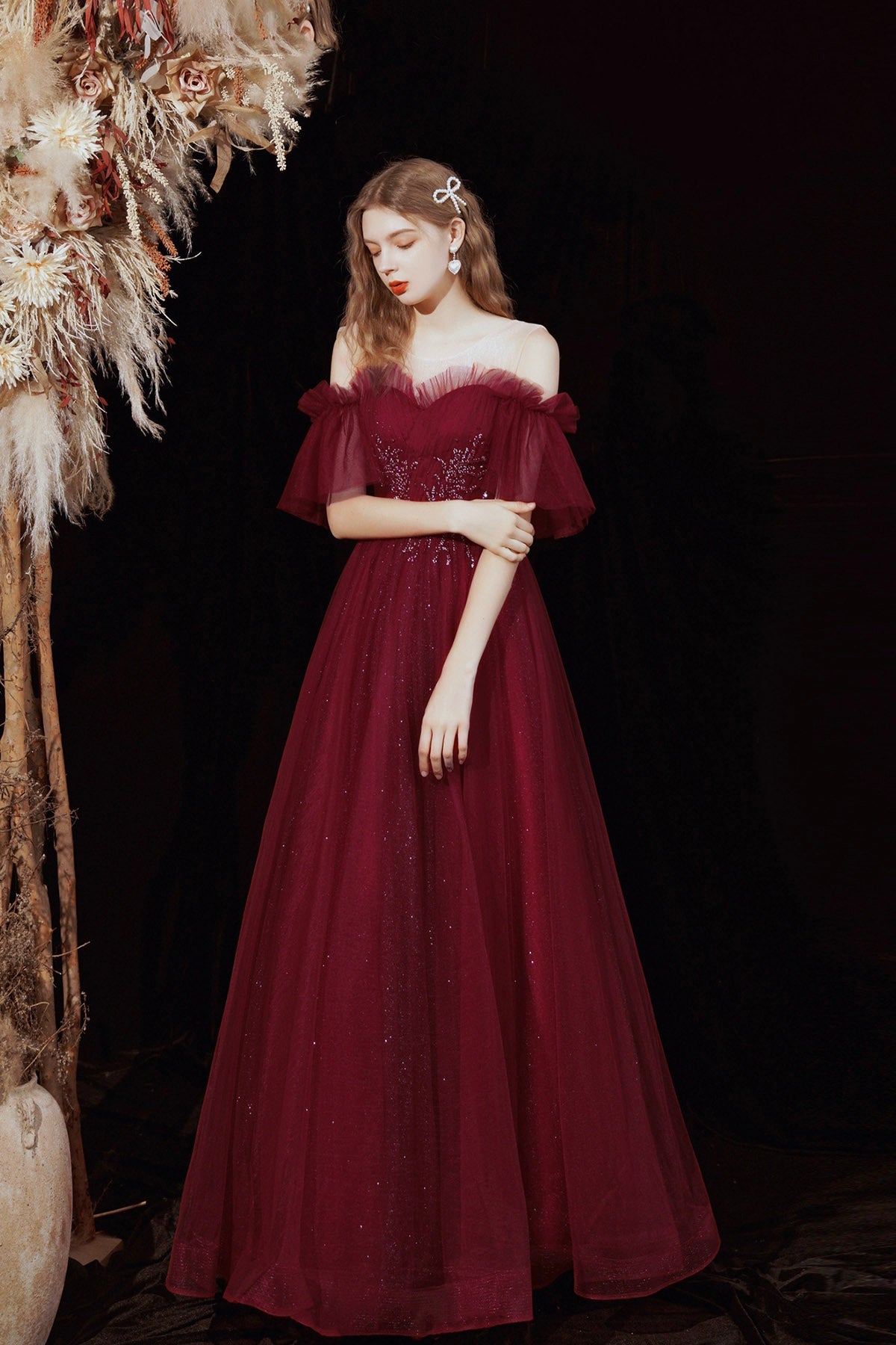 Burgundy Shiny Tulle Long A-Line Prom Dress, Off the Shoulder Party Dress