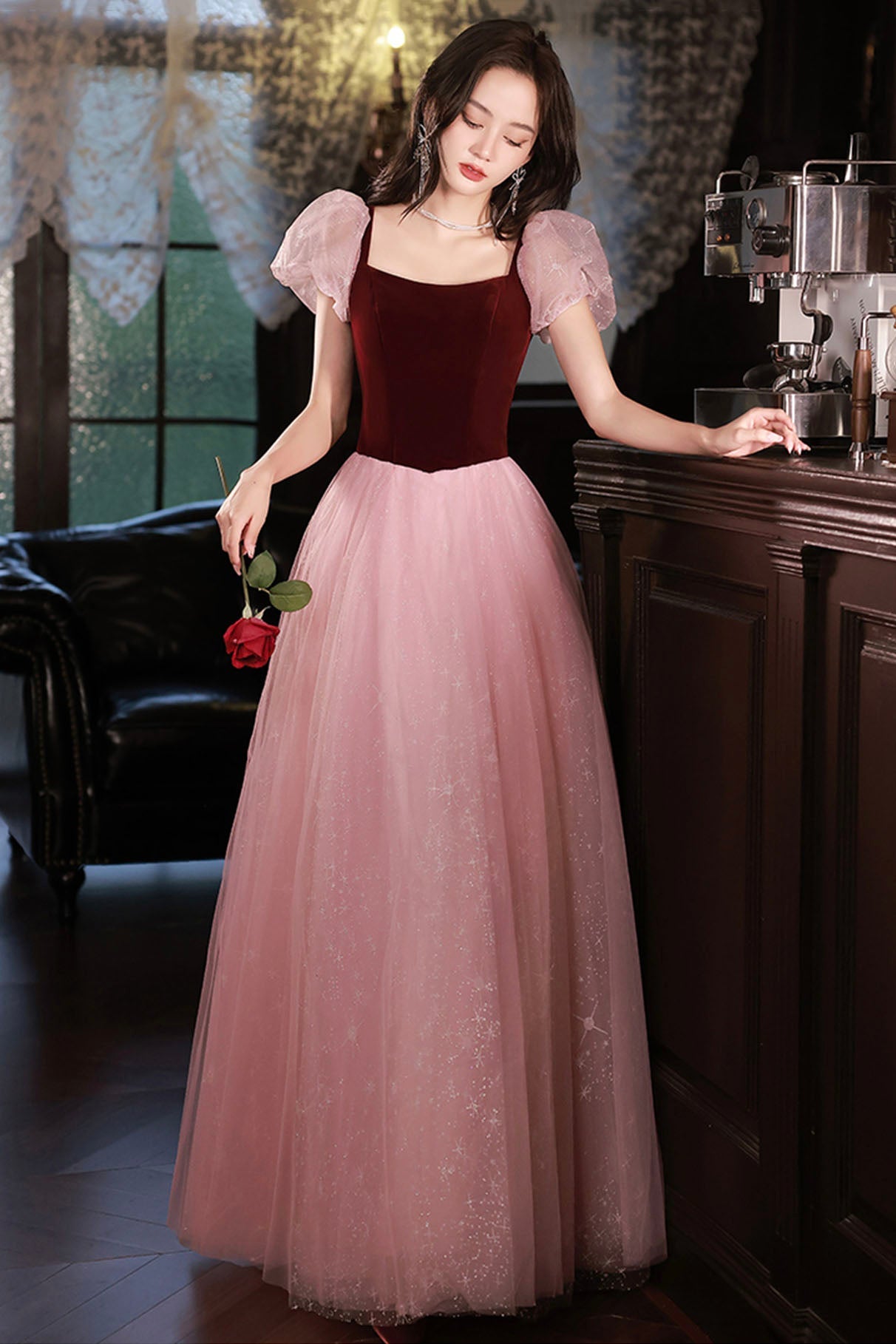 Pink Tulle and Velvet Short Sleeves Party Dress, Pink Floor Length Formal Dress