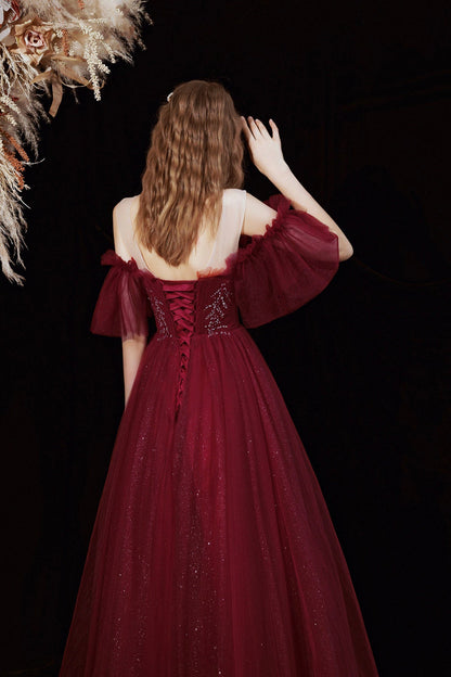 Burgundy Shiny Tulle Long A-Line Prom Dress, Off the Shoulder Party Dress