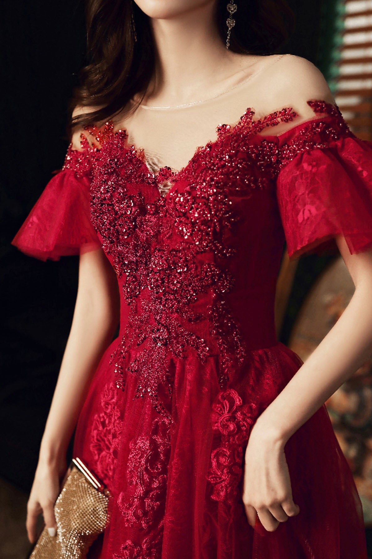 Burgundy Scoop Neckline Lace Long Prom Dress, Burgundy Graduation Dress