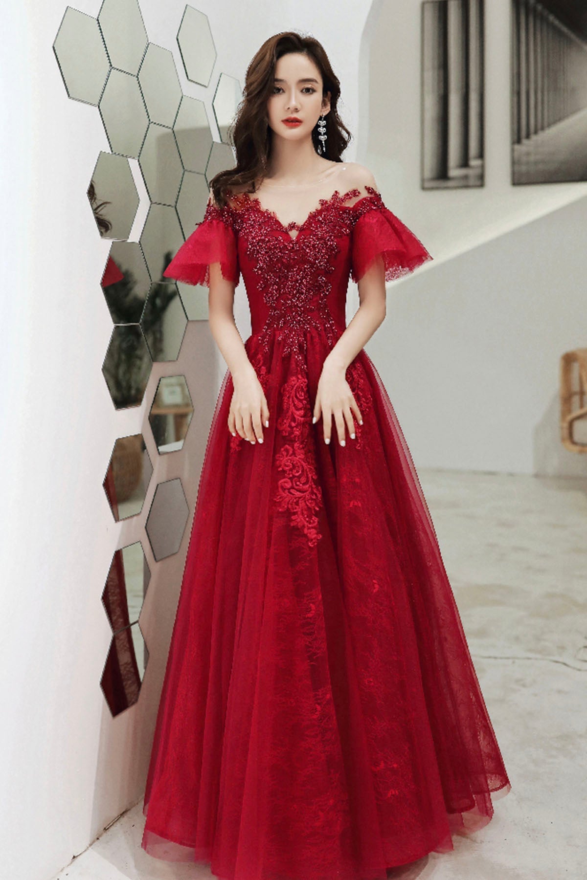 Burgundy Scoop Neckline Lace Long Prom Dress, Burgundy Graduation Dress