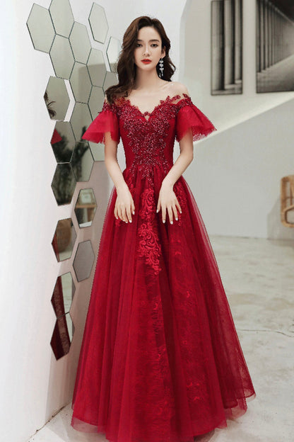 Burgundy Scoop Neckline Lace Long Prom Dress, Burgundy Graduation Dress