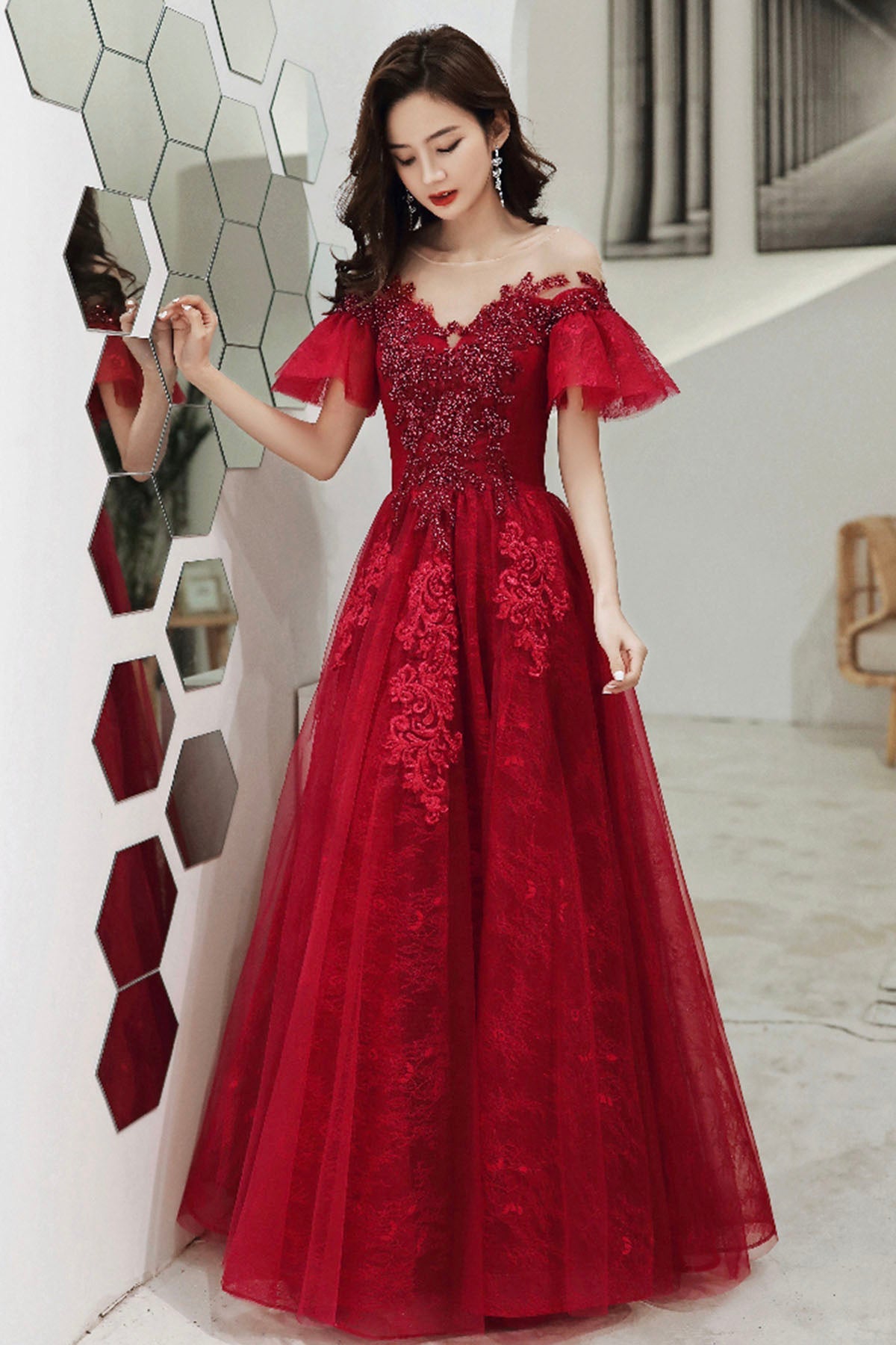 Burgundy Scoop Neckline Lace Long Prom Dress, Burgundy Graduation Dress