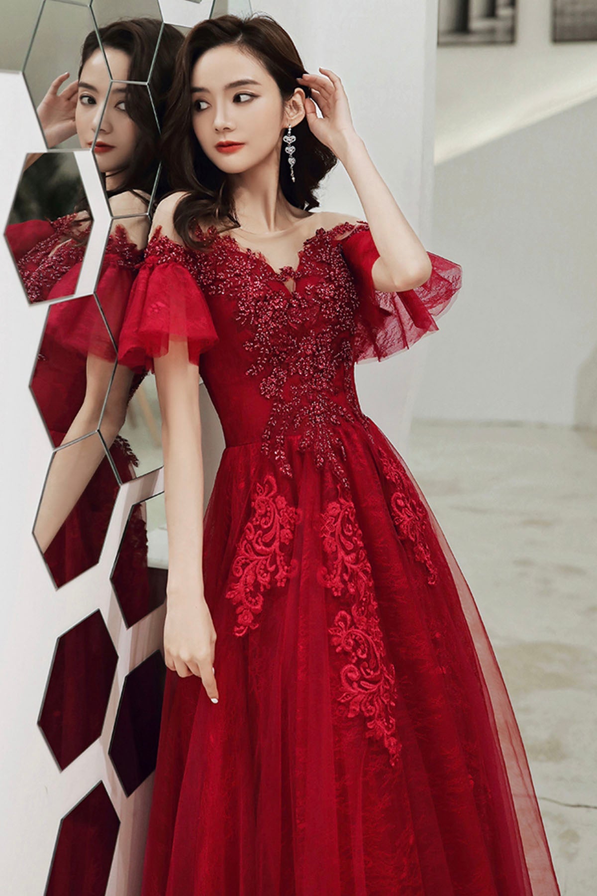 Burgundy Scoop Neckline Lace Long Prom Dress, Burgundy Graduation Dress