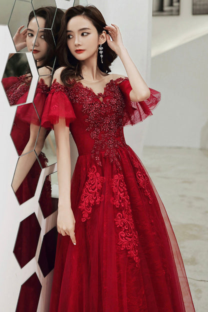 Burgundy Scoop Neckline Lace Long Prom Dress, Burgundy Graduation Dress