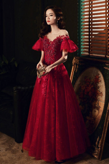 Burgundy Scoop Neckline Lace Long Prom Dress, Burgundy Graduation Dress