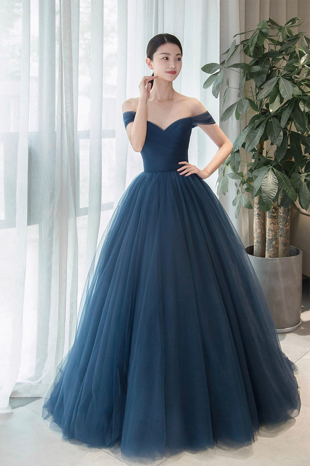 Elegant Tulle Long A-Line Prom Dress, Blue Off the Shoulder Evening Dress