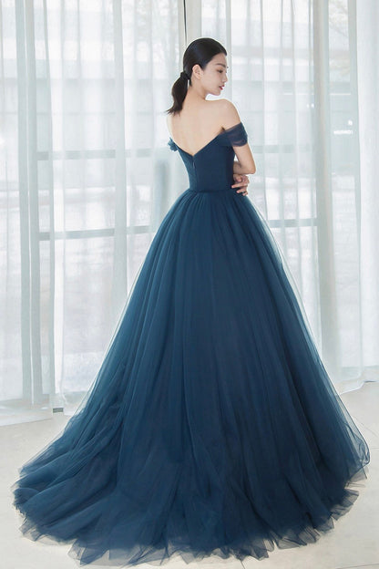 Elegant Tulle Long A-Line Prom Dress, Blue Off the Shoulder Evening Dress