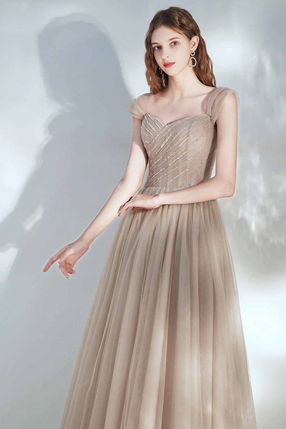 Champagne V-Neck Tulle Long Prom Dress with Beaded, Beautiful A-Line Formal Dress