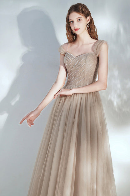 Champagne V-Neck Tulle Long Prom Dress with Beaded, Beautiful A-Line Formal Dress