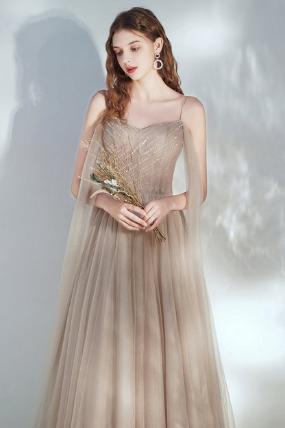 Champagne V-Neck Tulle Long Prom Dress with Beaded, Beautiful A-Line Formal Dress