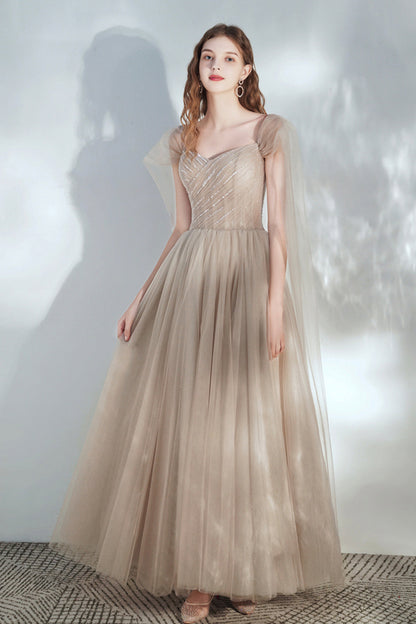 Champagne V-Neck Tulle Long Prom Dress with Beaded, Beautiful A-Line Formal Dress
