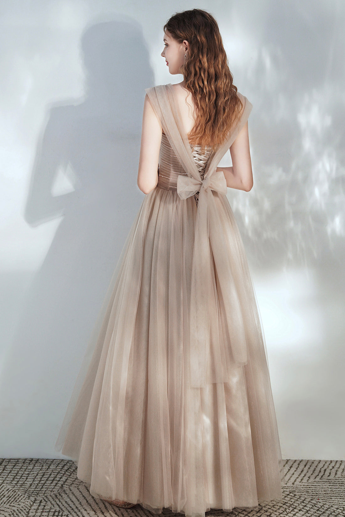 Champagne V-Neck Tulle Long Prom Dress with Beaded, Beautiful A-Line Formal Dress