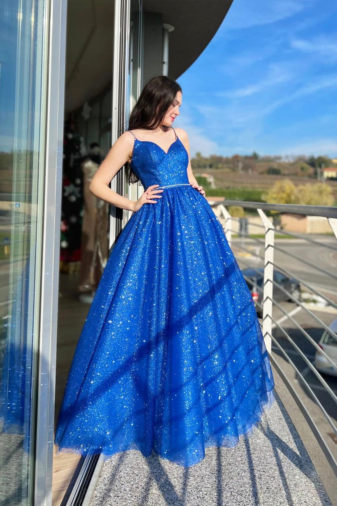 Blue Spaghetti Strap Tulle Long Prom Dress, A-Line Blue Evening Party Dress