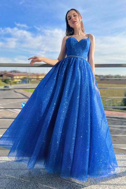Blue Spaghetti Strap Tulle Long Prom Dress, A-Line Blue Evening Party Dress
