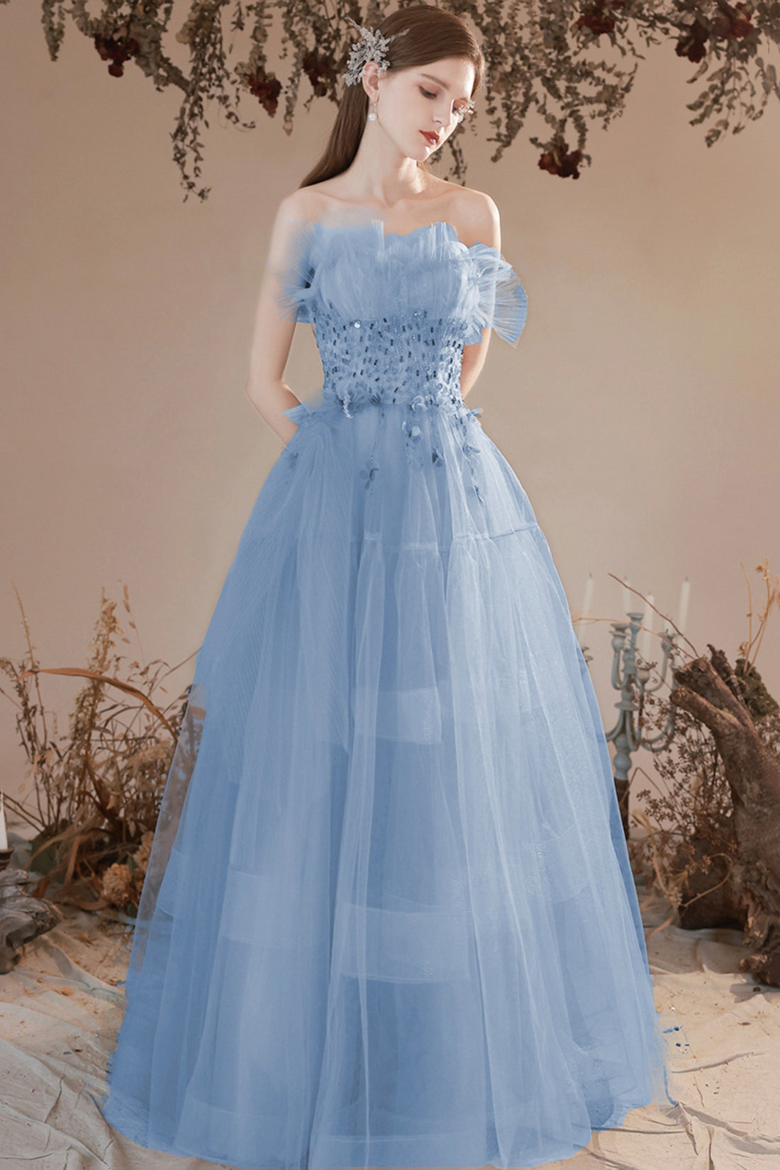 Blue Tulle Beaded Long Formal Dress, A-Line Strapless Graduation Dress