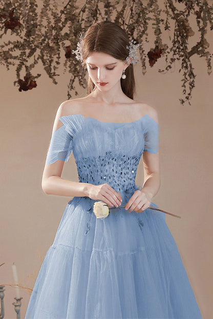 Blue Tulle Beaded Long Formal Dress, A-Line Strapless Graduation Dress