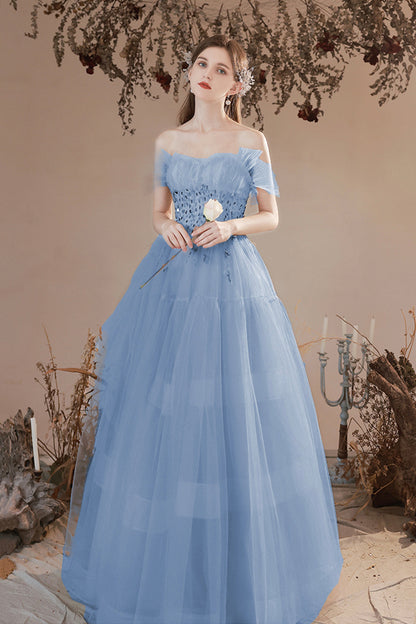Blue Tulle Beaded Long Formal Dress, A-Line Strapless Graduation Dress