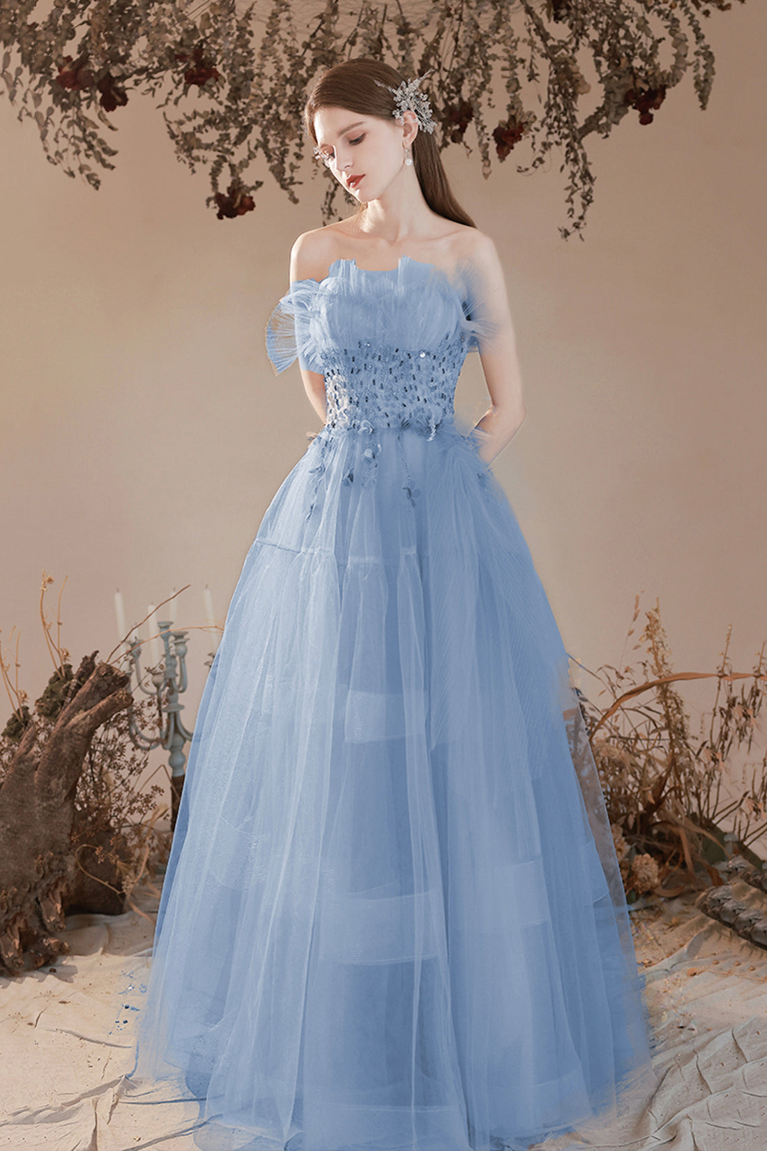 Blue Tulle Beaded Long Formal Dress, A-Line Strapless Graduation Dress