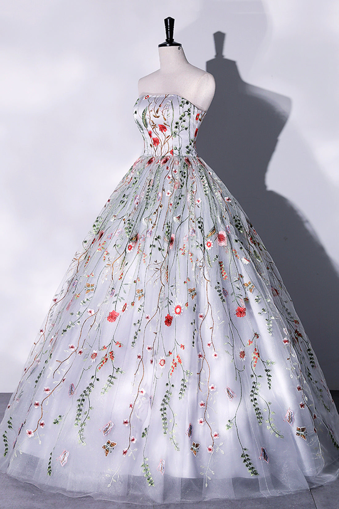 Gray Strapless Floral Tulle Long Prom Dress, Cute A-Line Evening Party Dress