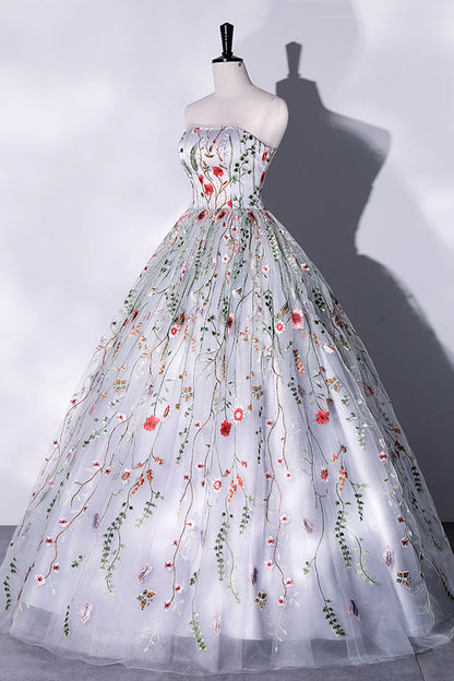 Gray Strapless Floral Tulle Long Prom Dress, Cute A-Line Evening Party Dress