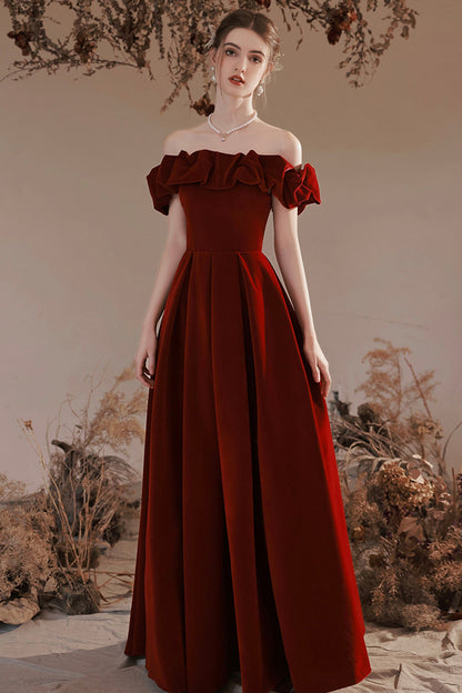 Burgundy Velvet Long Prom Dress, A-Line Off the Shoulder Party Dress