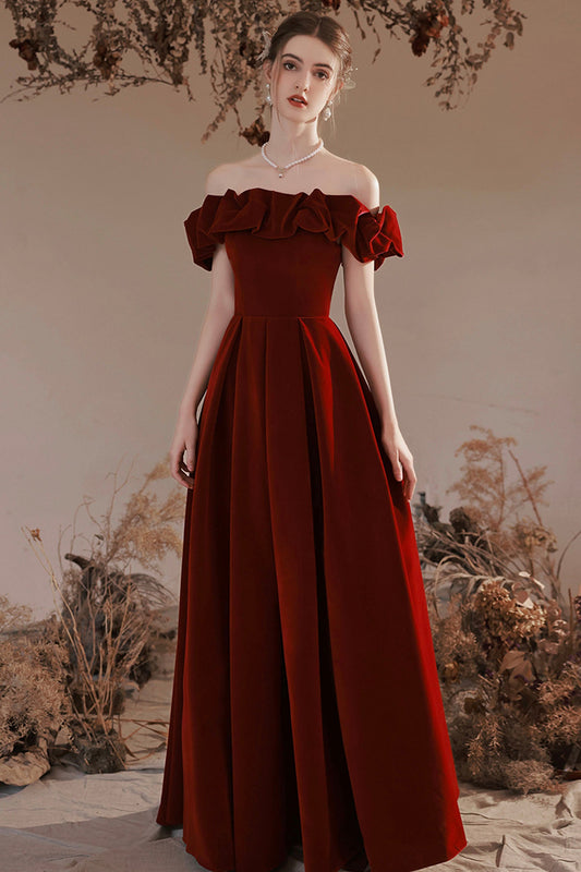 Burgundy Velvet Long Prom Dress, A-Line Off the Shoulder Party Dress