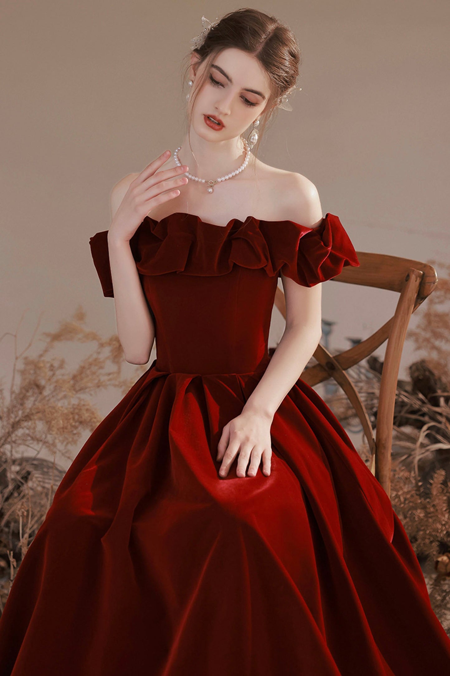 Burgundy Velvet Long Prom Dress, A-Line Off the Shoulder Party Dress