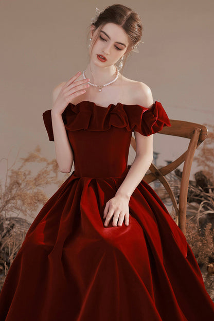 Burgundy Velvet Long Prom Dress, A-Line Off the Shoulder Party Dress