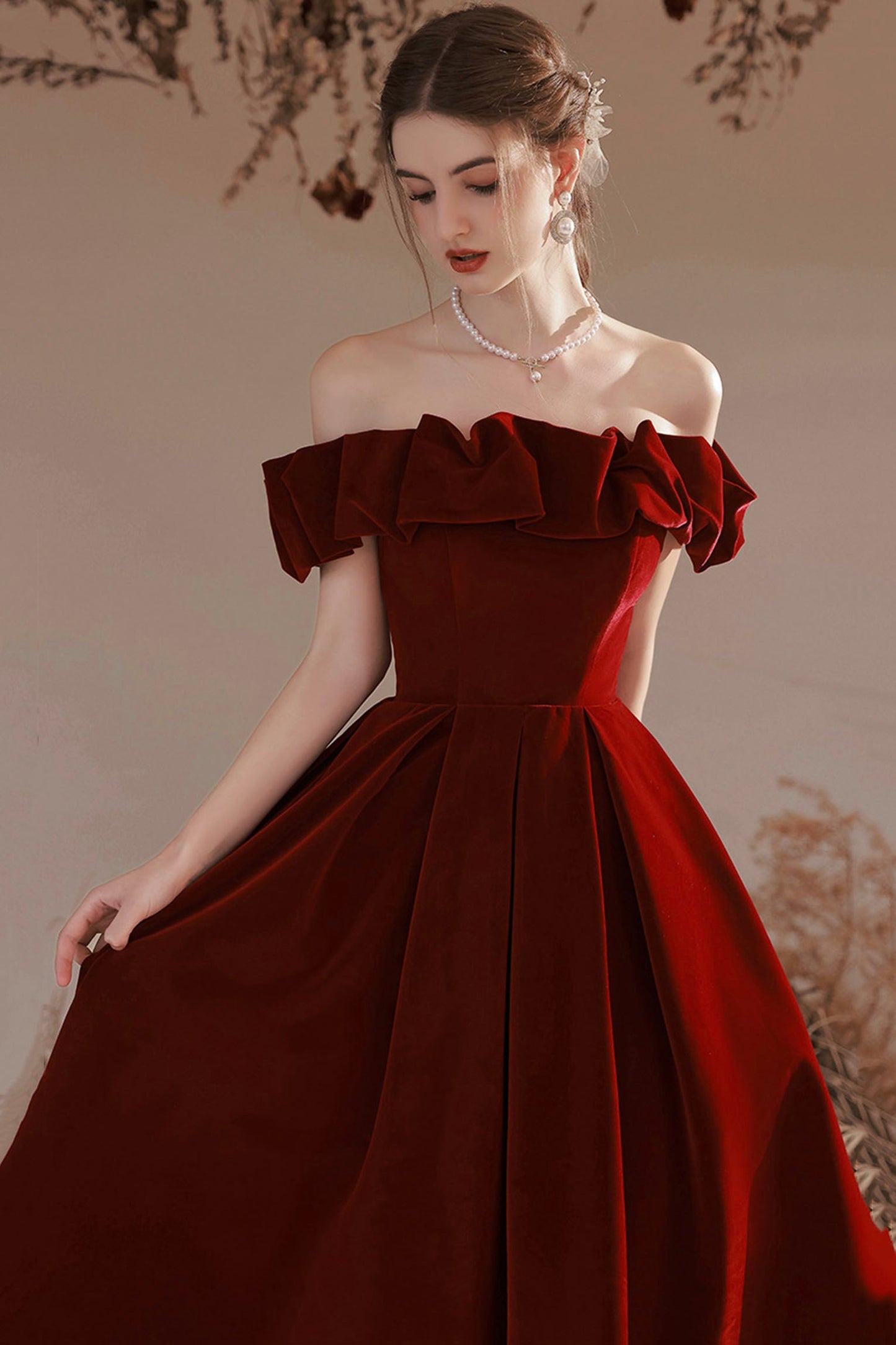 Burgundy Velvet Long Prom Dress, A-Line Off the Shoulder Party Dress