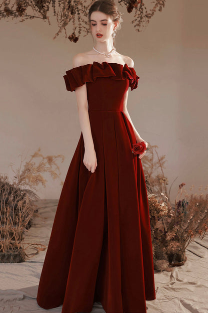 Burgundy Velvet Long Prom Dress, A-Line Off the Shoulder Party Dress