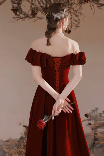 Burgundy Velvet Long Prom Dress, A-Line Off the Shoulder Party Dress