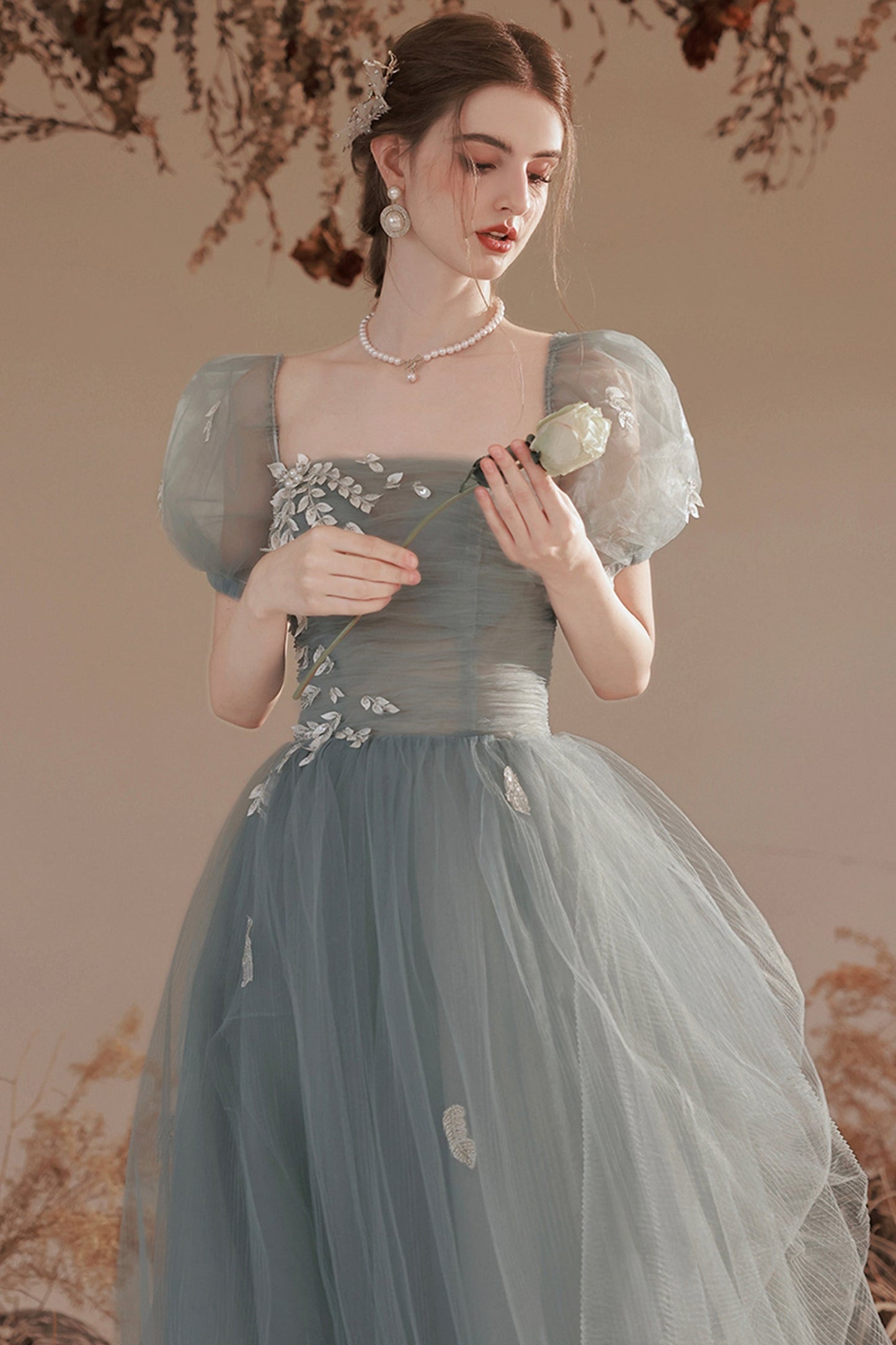 Cute Tulle Lace Long Prom Dress with Lace, A-Line Short Sleeve Graduation Dress