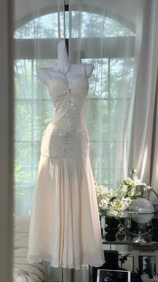 White beaded elegant spaghetti strap long chiffon Prom Dress evening dress party dress date dress gh5082