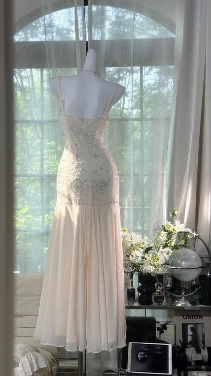 White beaded elegant spaghetti strap long chiffon Prom Dress evening dress party dress date dress gh5082