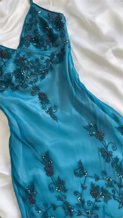 Vintage-Inspired Prom Dresses Under $180🩵Gothic Spaghetti Straps Blue Satin Chiffon Sheath Evening Dress with Beading ED01891