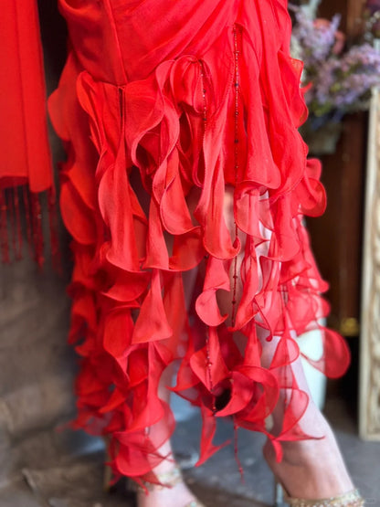 Flame red dress vintage pleated fishtail tassel beads retro elegant long chiffon prom dress evening dress party dress gh4808