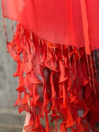 Flame red dress vintage pleated fishtail tassel beads retro elegant long chiffon prom dress evening dress party dress gh4808