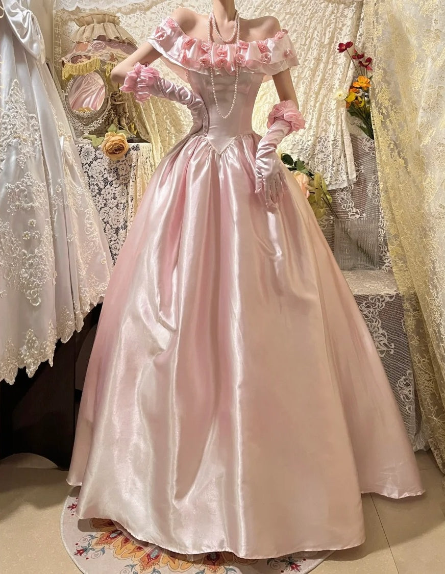 Pink Vintage Elegant Floral Beading Fashion Long Satin Ball Gown Evening Dress Graduation Dress Birthday Dress Quinceañera Dress gh4259