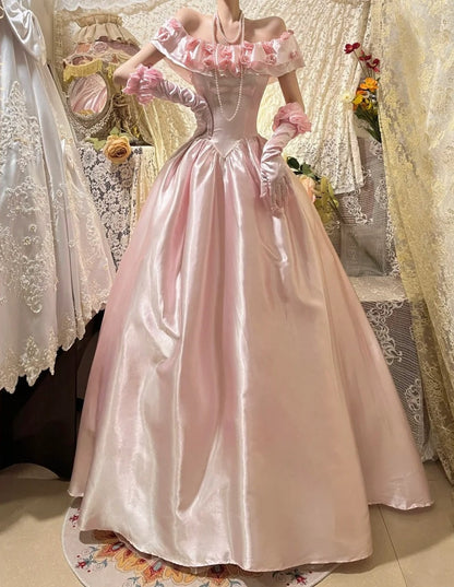 Pink Vintage Elegant Floral Beading Fashion Long Satin Ball Gown Evening Dress Graduation Dress Birthday Dress Quinceañera Dress gh4259