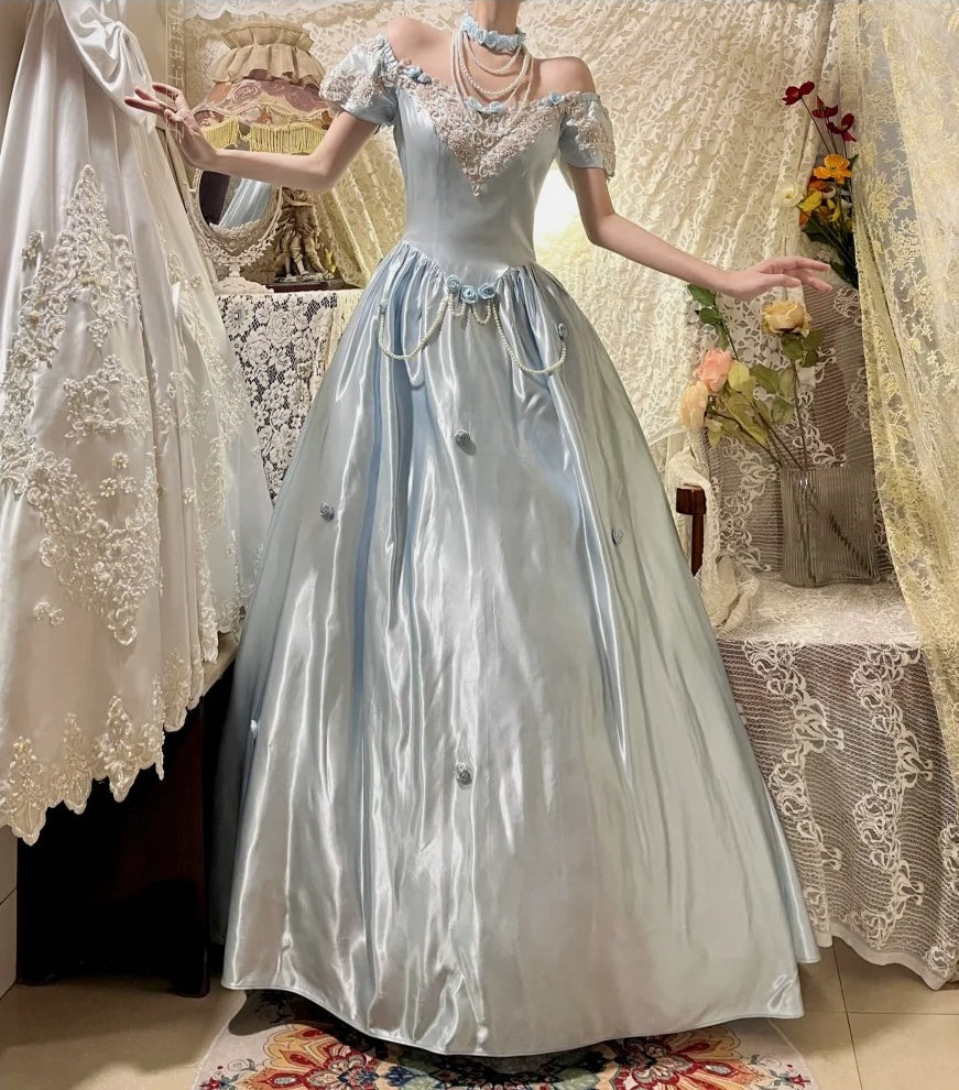 Blue Vintage Elegant Floral Long Satin Floor Length Ball Gown Evening Dress gh4415