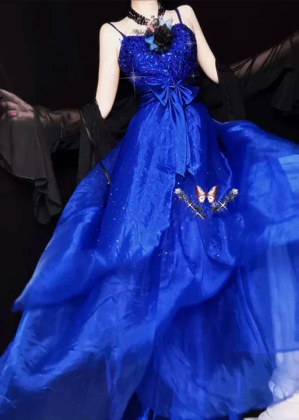 Blue gorgeous exquisite beaded long tulle ball gown evening dress party dress gh4501